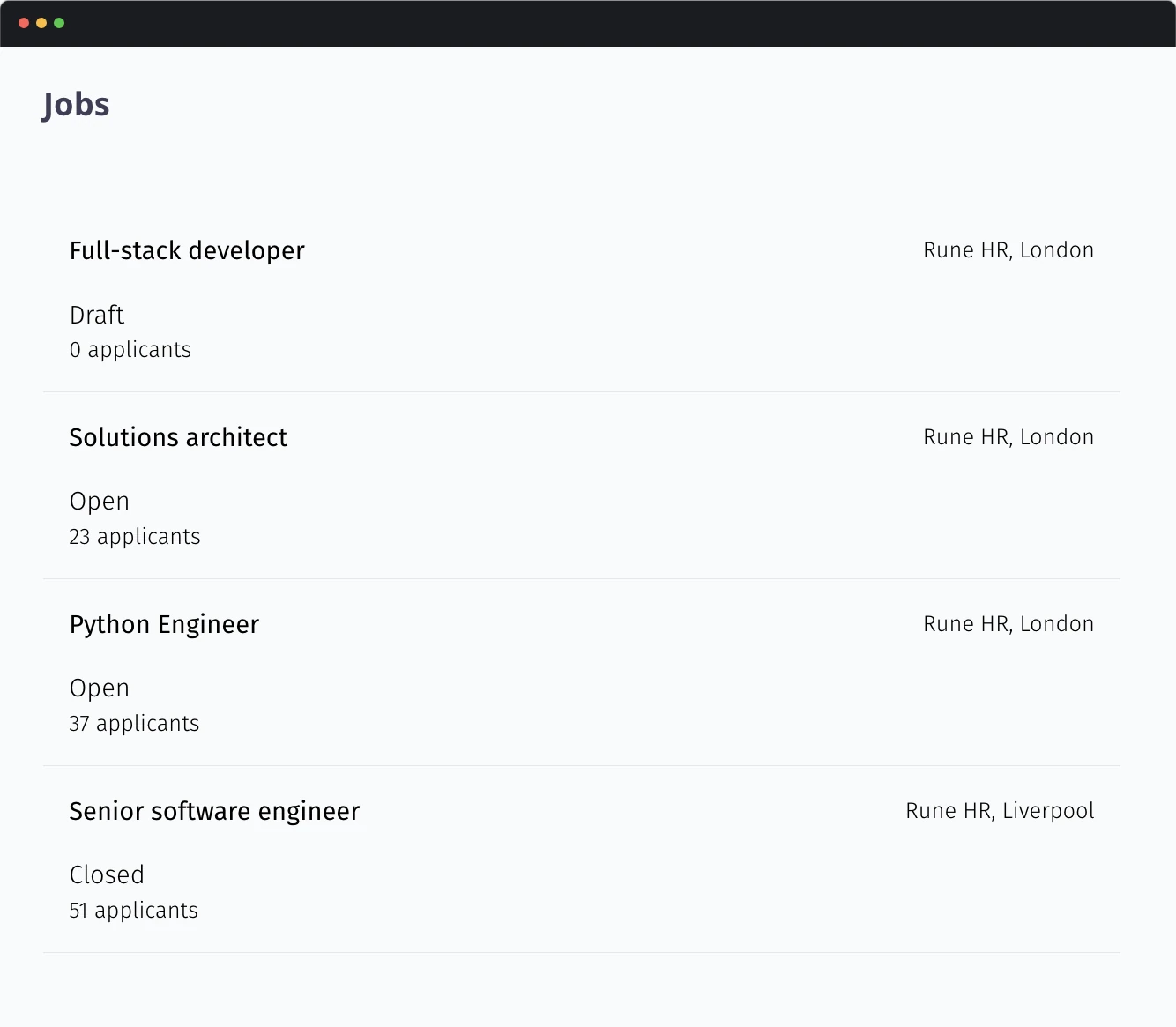 A screenshot of Rune HR's jobs page showing a list of vacancies